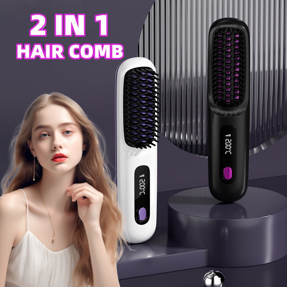 2 in 1 Glattes Haar Kamm Kabelloser Haarglätter Bürste Haar Schnellerwärmung Tragbarer Heißlockenwickler USB-Aufladung